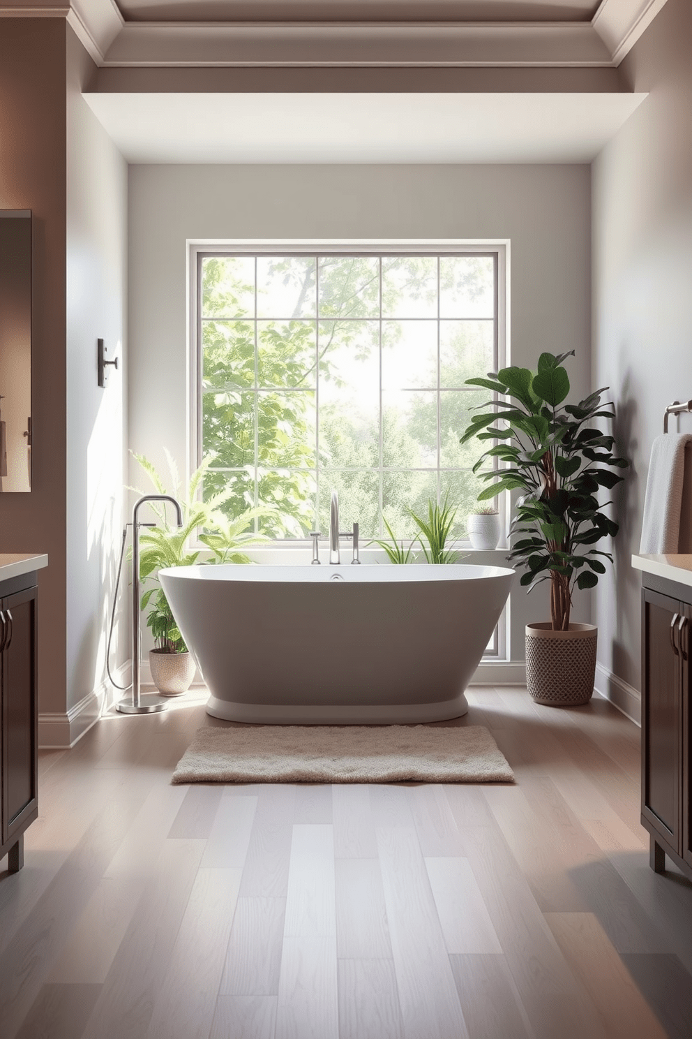 A serene bathroom setting featuring a freestanding soaking tub positioned to capture natural light streaming through a large window. The tub is surrounded by lush greenery, creating a tranquil oasis that invites relaxation and rejuvenation. Soft, neutral tones adorn the walls, complemented by a light wood floor that adds warmth to the space. Elegant fixtures in brushed nickel enhance the sophisticated atmosphere, while a plush rug beneath the tub adds a touch of comfort.