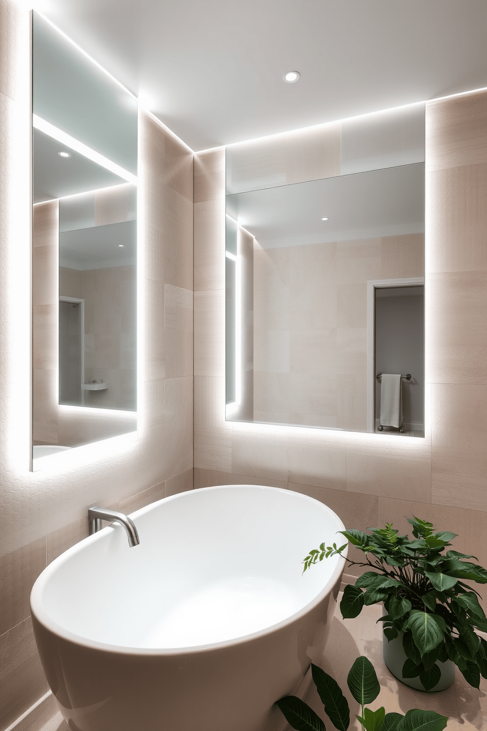 A luxurious bathroom featuring integrated lighting within the mirror design. The mirrors are sleek and frameless, glowing softly to illuminate the space while enhancing the modern aesthetic. The walls are adorned with textured tiles in soft neutral tones, creating a serene backdrop. A freestanding bathtub sits elegantly in the corner, surrounded by lush greenery for a spa-like atmosphere.