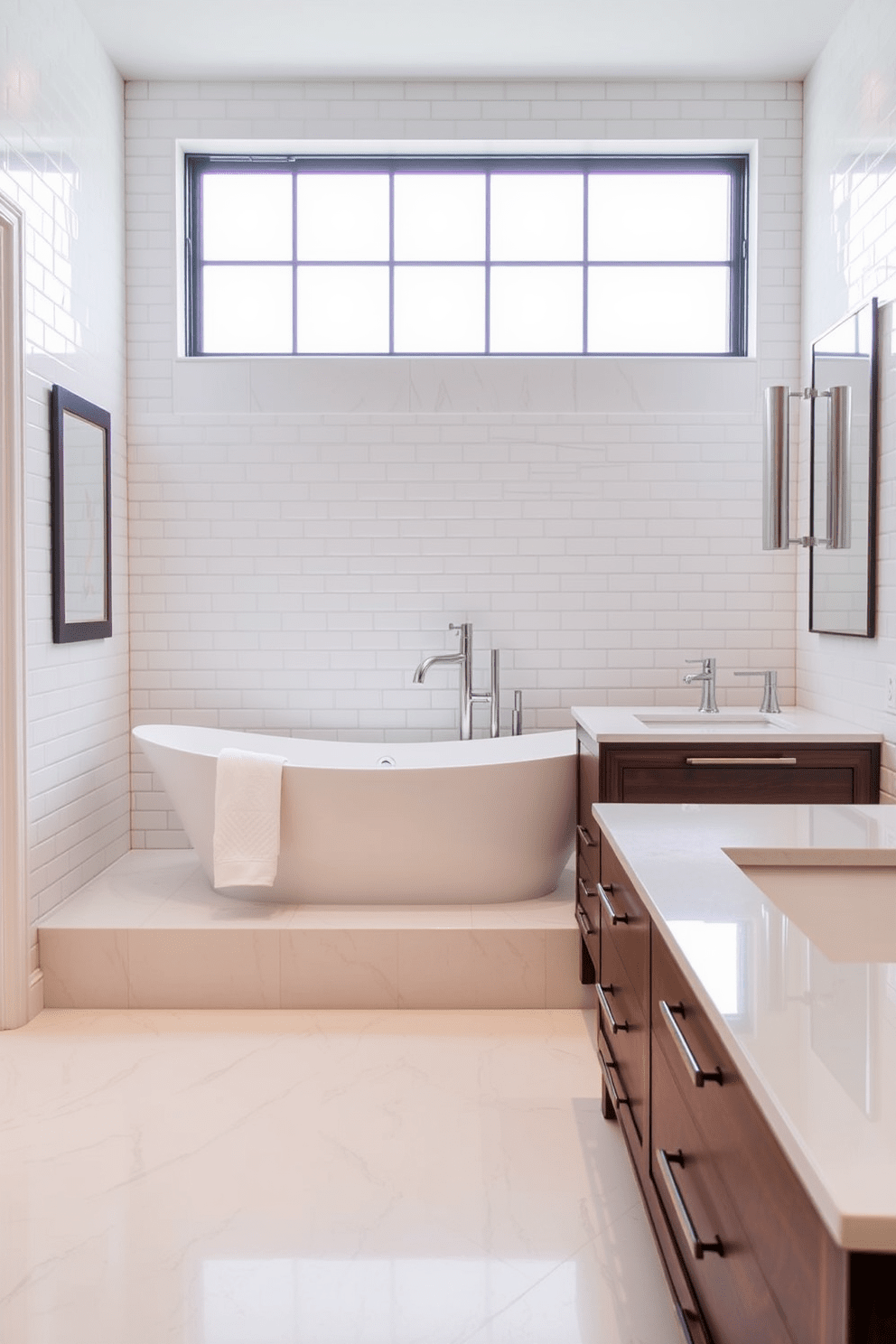 A luxurious bathroom featuring heated floors that provide ultimate comfort. The space includes a freestanding soaking tub positioned under a large window, allowing natural light to flood in. The walls are adorned with elegant white subway tiles, creating a timeless aesthetic. A sleek, modern double vanity with a dark wood finish complements the light color scheme, enhancing the overall sophistication of the design.