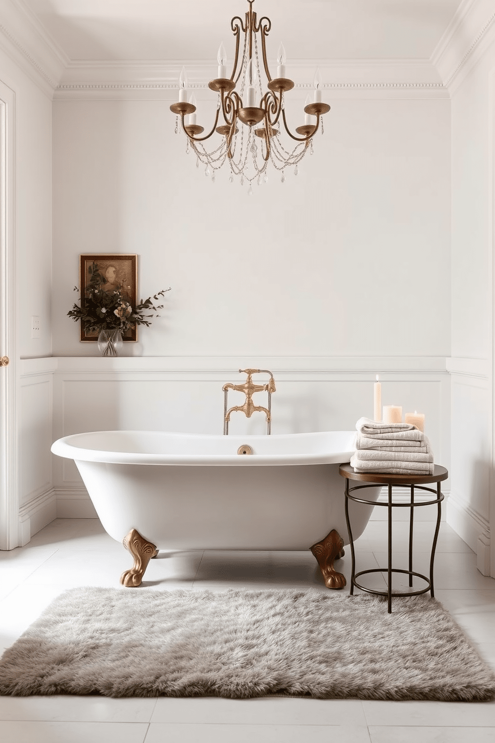 A vintage clawfoot tub sits elegantly in the center of a spacious bathroom. The tub is surrounded by soft white walls and complemented by a beautiful chandelier hanging above, casting a warm glow. Antique brass fixtures add a touch of charm, while a plush area rug in muted tones enhances the cozy atmosphere. A small side table next to the tub holds scented candles and a stack of luxurious towels for a serene spa-like experience.