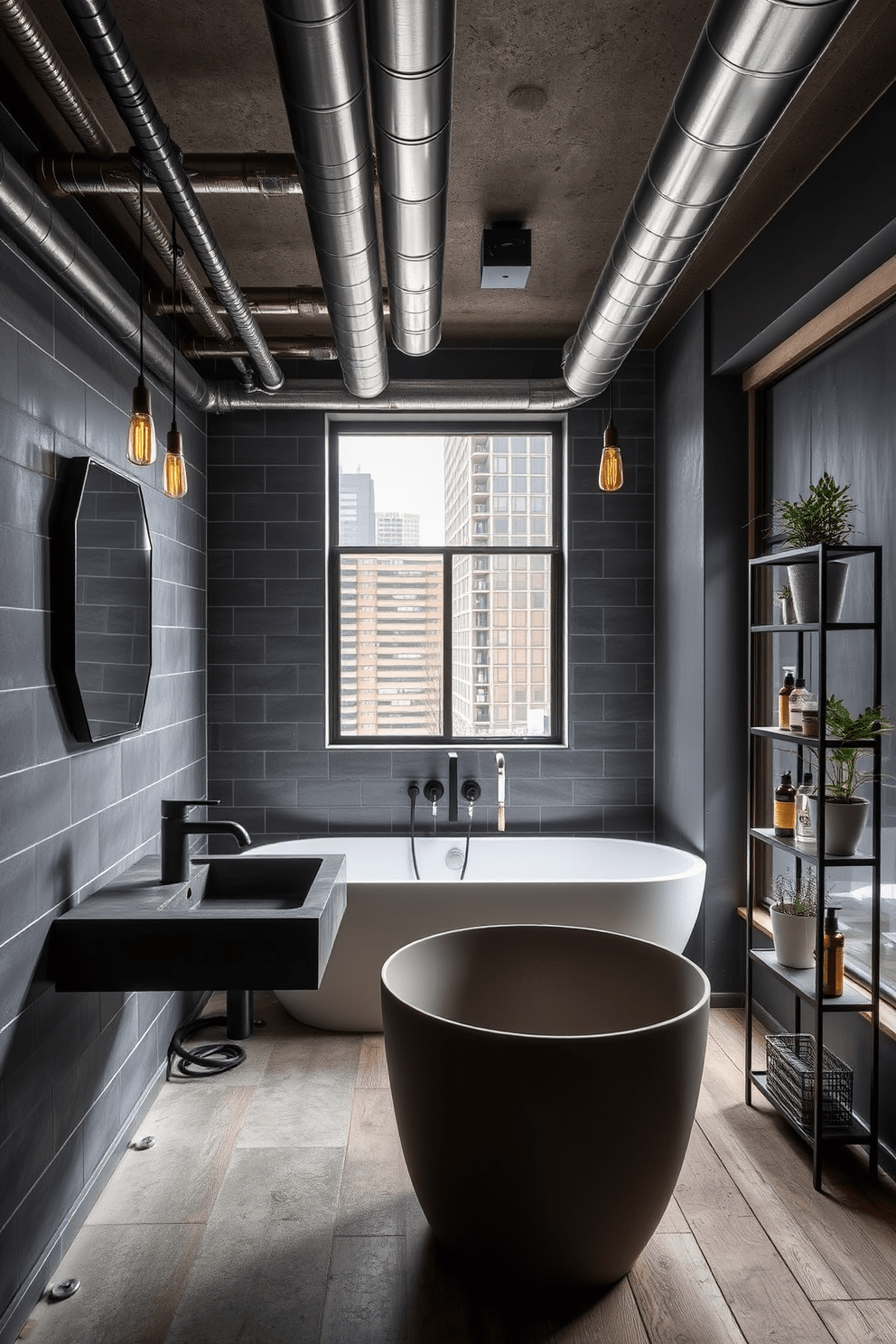 A modern bathroom featuring industrial elements with exposed metal pipes running along the ceiling and walls. The space includes a sleek concrete sink with a matte black faucet and a freestanding tub positioned beneath a large window with urban views. The walls are adorned with dark gray tiles, while the floor showcases a mix of reclaimed wood and concrete. Accents of warm lighting from pendant fixtures create a cozy atmosphere, complemented by a metal shelving unit displaying stylish toiletries and plants.