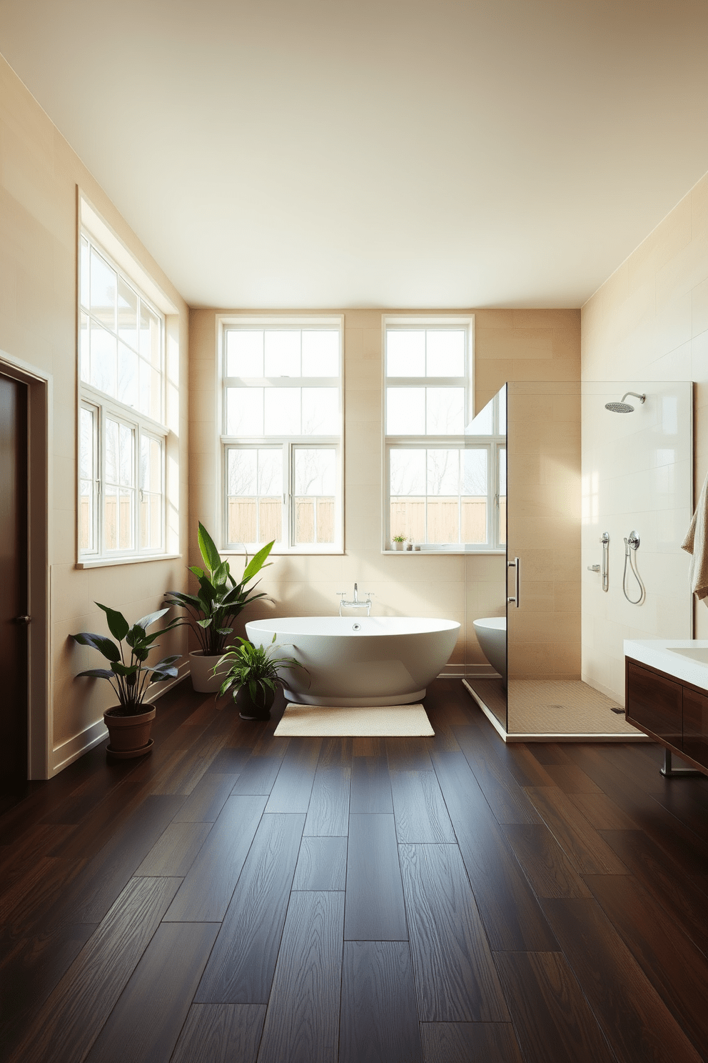 A spacious bathroom filled with natural light from large windows that provide excellent ventilation. The walls are adorned with soft beige tiles, and the floor features elegant dark wood planks. A freestanding soaking tub sits in the center, surrounded by potted plants for a touch of greenery. A sleek glass shower enclosure is positioned nearby, with rain shower fixtures for a luxurious experience.