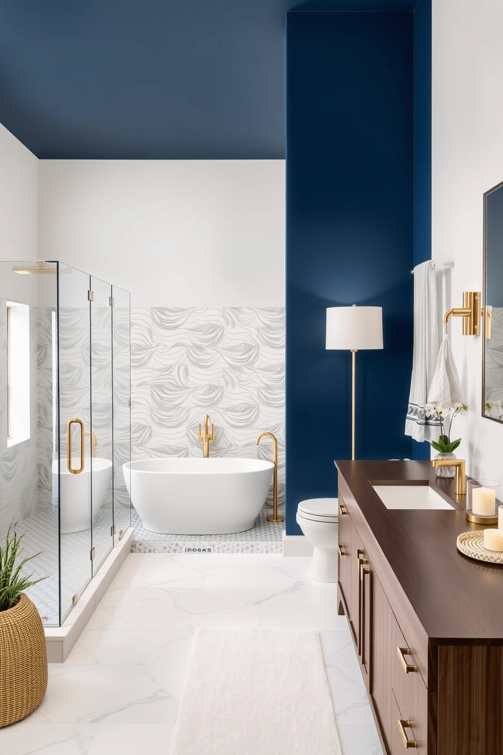 Create a stunning bathroom featuring an accent wall painted in a bold navy blue, contrasting beautifully with the soft white walls surrounding it. The space includes a freestanding soaking tub positioned against the accent wall, complemented by sleek gold fixtures and a stylish floor lamp nearby. Incorporate a large walk-in shower with frameless glass doors, showcasing intricate tile work in shades of gray and white. A floating vanity with a dark wood finish and a double sink adds elegance, while decorative elements like candles and plants enhance the overall ambiance.