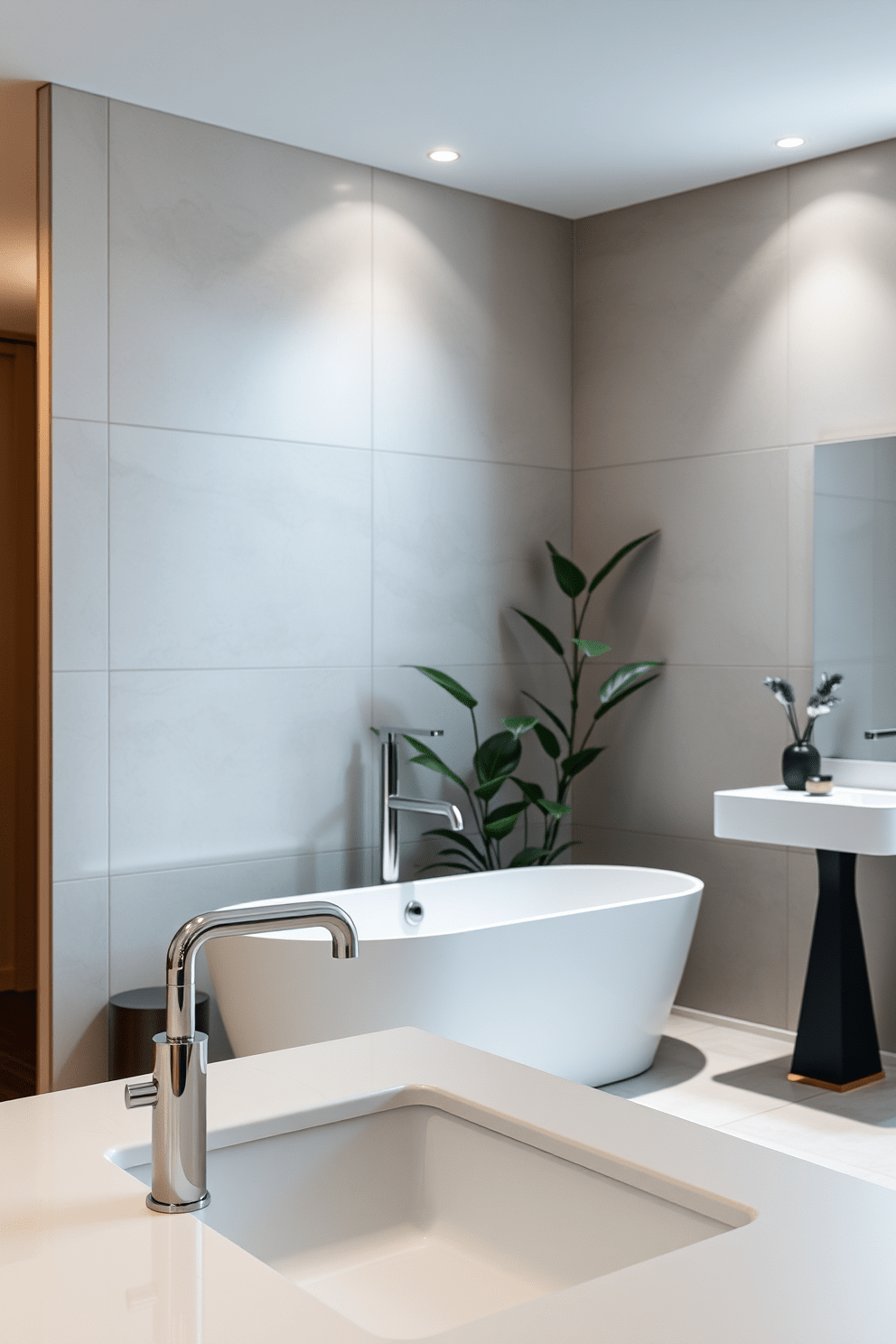 A sleek and modern bathroom featuring stylish faucets with clean lines and a polished finish. The space is illuminated by soft lighting that highlights the contemporary design elements throughout the room. The walls are adorned with large format tiles in a neutral color, creating a seamless backdrop for the minimalist aesthetic. A freestanding bathtub sits elegantly in the corner, surrounded by lush greenery for a touch of tranquility.