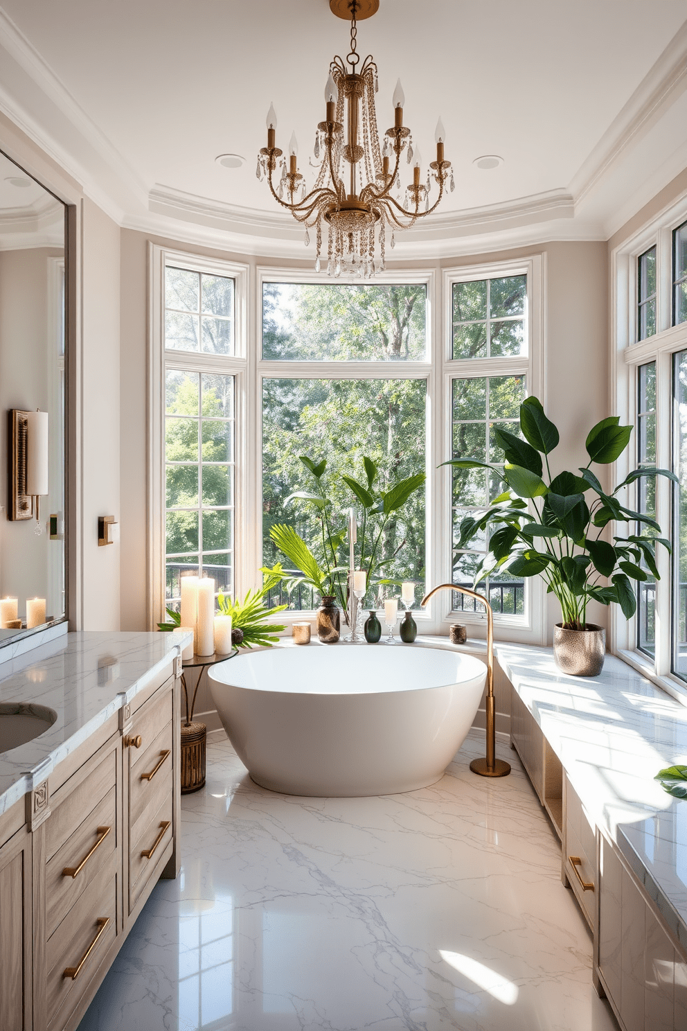 A luxurious bathroom featuring elegant marble countertops that exude sophistication. The space is complemented by a freestanding soaking tub surrounded by candles and lush greenery for a serene atmosphere. The walls are adorned with soft, neutral tones that enhance the natural light streaming through large windows. A stylish chandelier hangs above, adding a touch of glamour to the overall design.