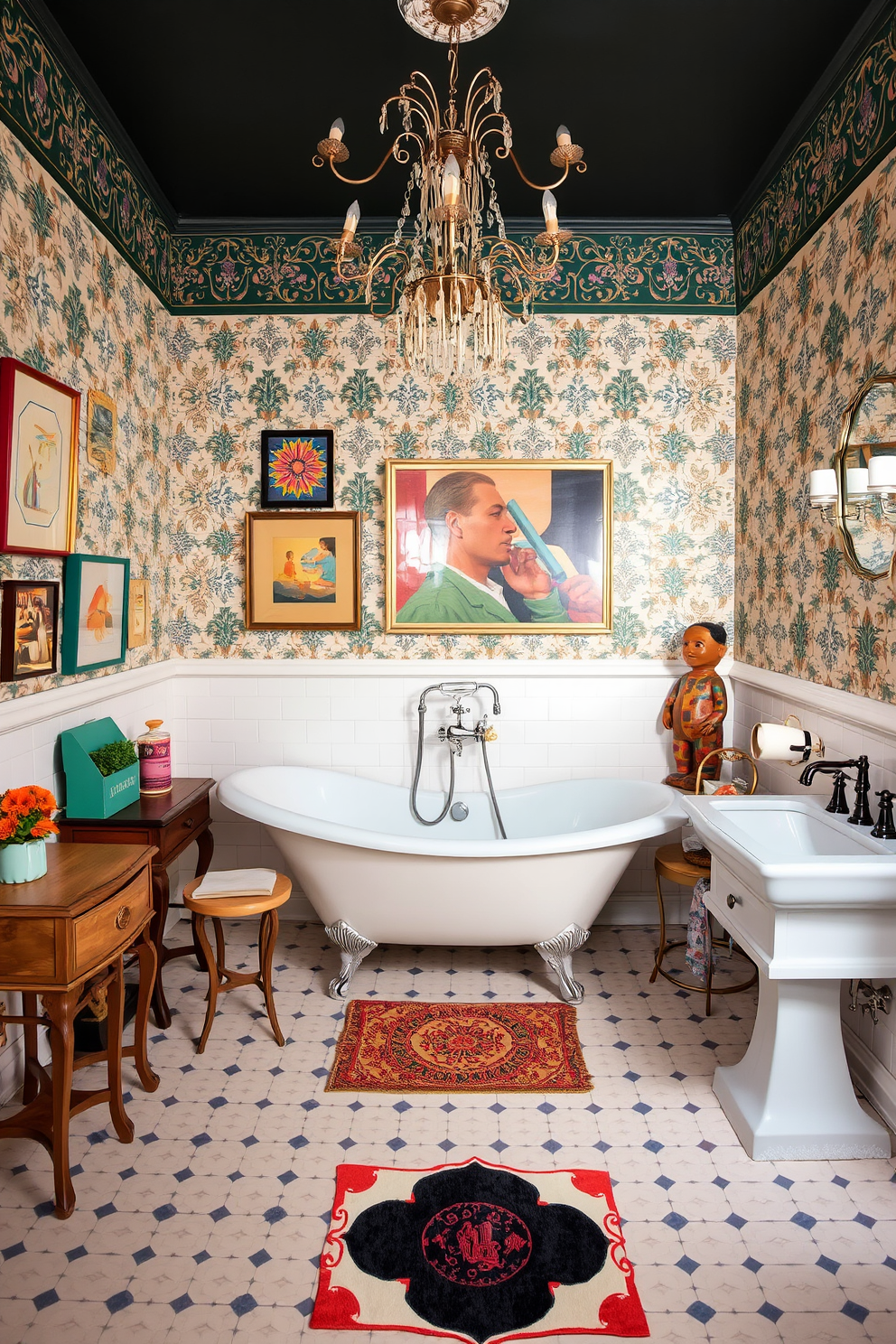 An eclectic bathroom design features a vibrant mix of vintage and modern elements. A freestanding clawfoot tub sits in the center, surrounded by a collection of mismatched side tables and colorful artwork. The walls are adorned with patterned wallpaper that contrasts with sleek, contemporary fixtures. A unique chandelier hangs from the ceiling, adding a touch of glamour to the space.