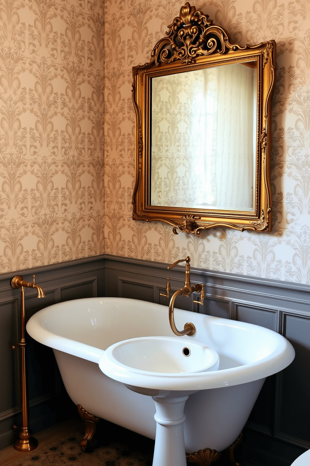 A vintage-inspired bathroom featuring elegant fixtures with brass finishes. The freestanding bathtub is complemented by a classic floor-mounted faucet, and a charming pedestal sink adds to the nostalgic appeal. The walls are adorned with intricate wallpaper in soft pastel tones, creating a warm and inviting atmosphere. A large ornate mirror with a brass frame hangs above the sink, reflecting the beauty of the space.