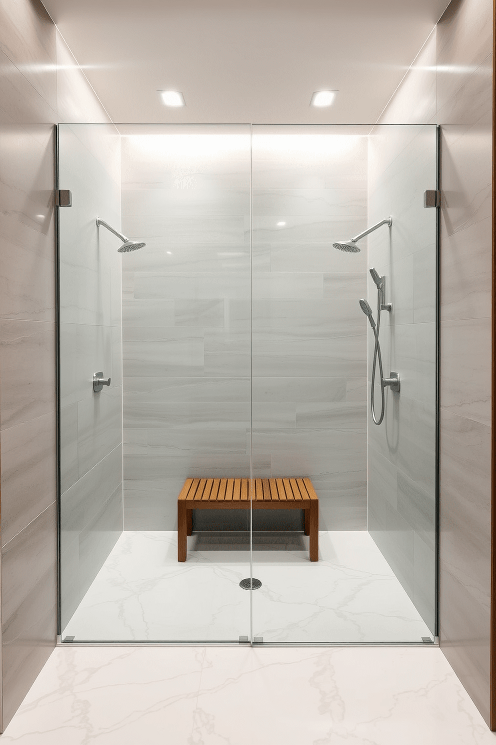 A luxurious bathroom featuring a spacious walk-in shower with dual rain shower heads positioned overhead. The walls are adorned with large format tiles in a soft gray, and a sleek glass partition separates the shower from the rest of the bathroom. The floor is covered in elegant marble with subtle veining, adding a touch of sophistication. A minimalist wooden bench sits inside the shower, providing both style and functionality.