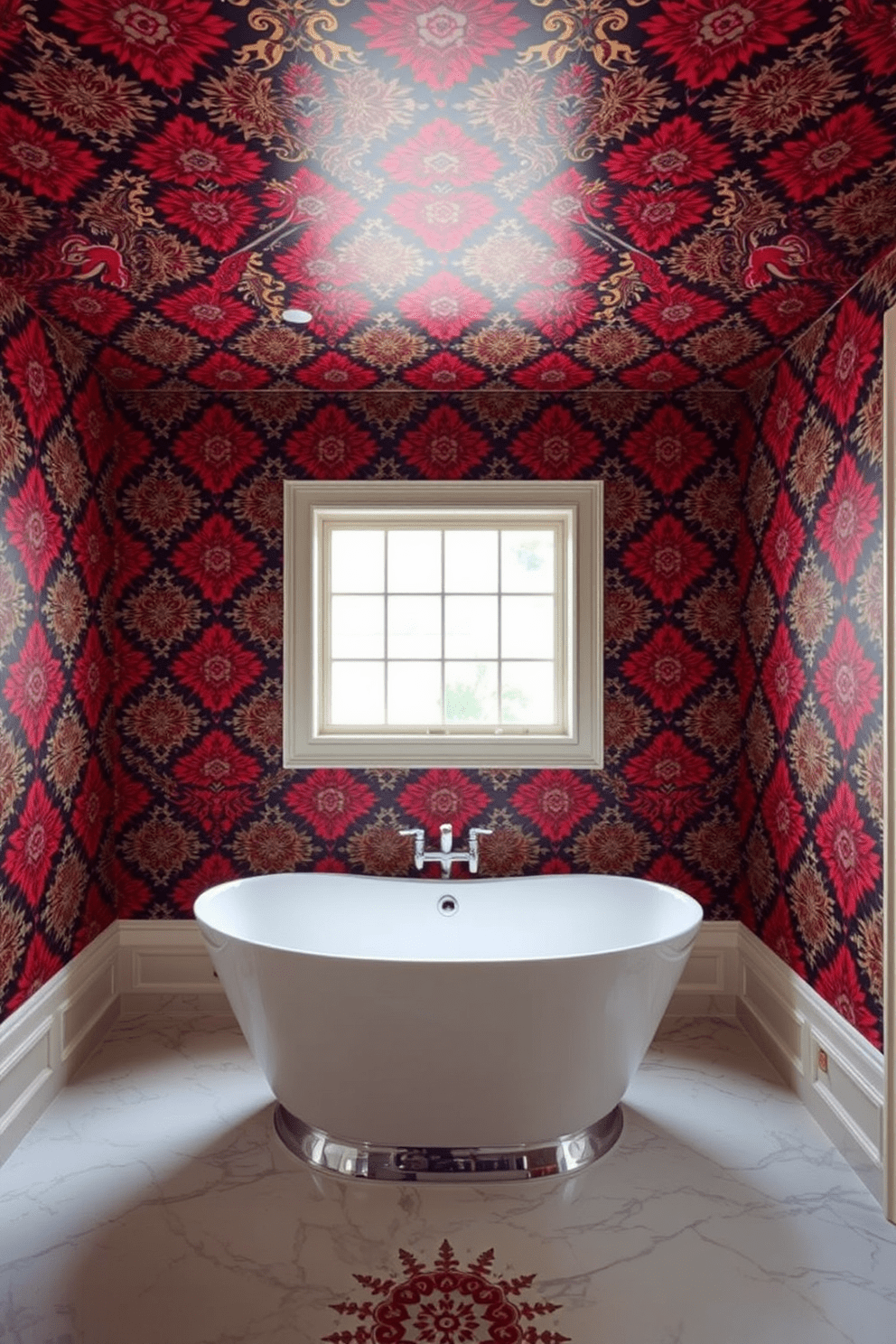 Bold patterned wallpaper adorns the walls of a stylish bathroom, creating a striking focal point that captures attention. The design features vibrant colors and intricate motifs, enhancing the overall aesthetic of the space. A modern freestanding bathtub sits in the center of the room, surrounded by elegant fixtures that complement the wallpaper. Natural light floods in through a large window, illuminating the luxurious textures and inviting atmosphere.