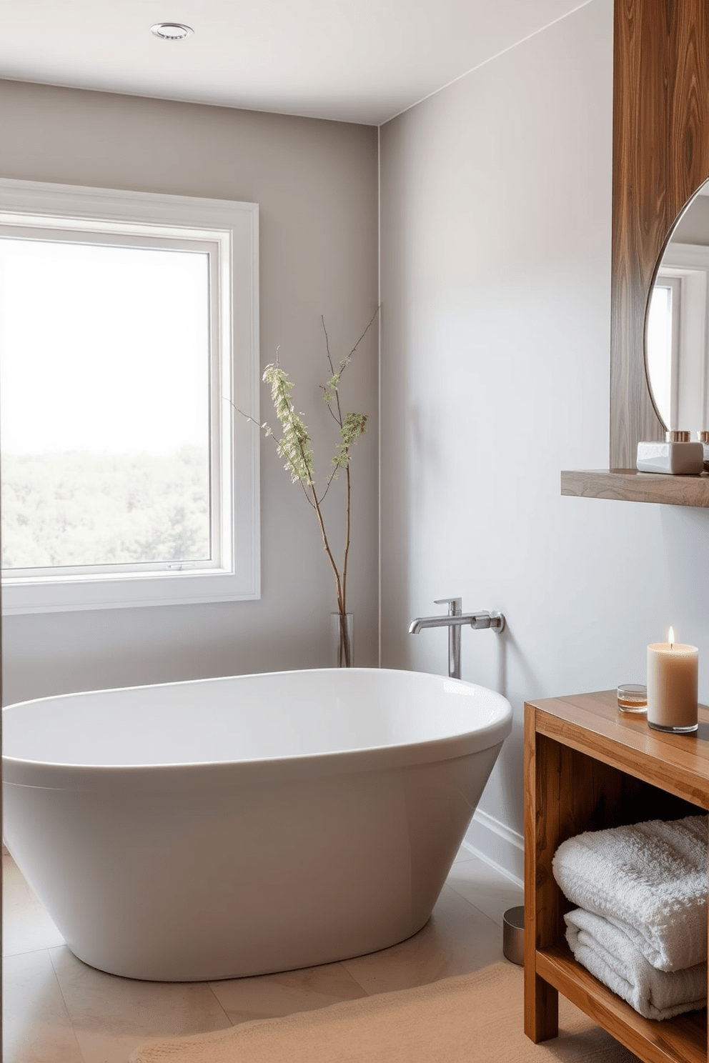 A serene bathroom retreat designed for relaxation. The space features a freestanding soaking tub positioned beneath a large window, allowing natural light to fill the room. Warm wooden accents are paired with soft white textures to create a calming environment. Plush towels and a scented candle are thoughtfully arranged on a nearby shelf, enhancing the spa-like atmosphere.