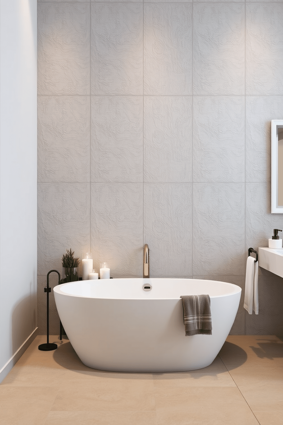 Textured wall panels create a striking focal point in a modern bathroom. The panels are finished in a soft gray tone, providing a sophisticated backdrop for sleek fixtures and accessories. A freestanding soaking tub sits against the textured wall, surrounded by elegant candles and greenery. The floor features large format tiles in a light beige that complement the overall serene ambiance.