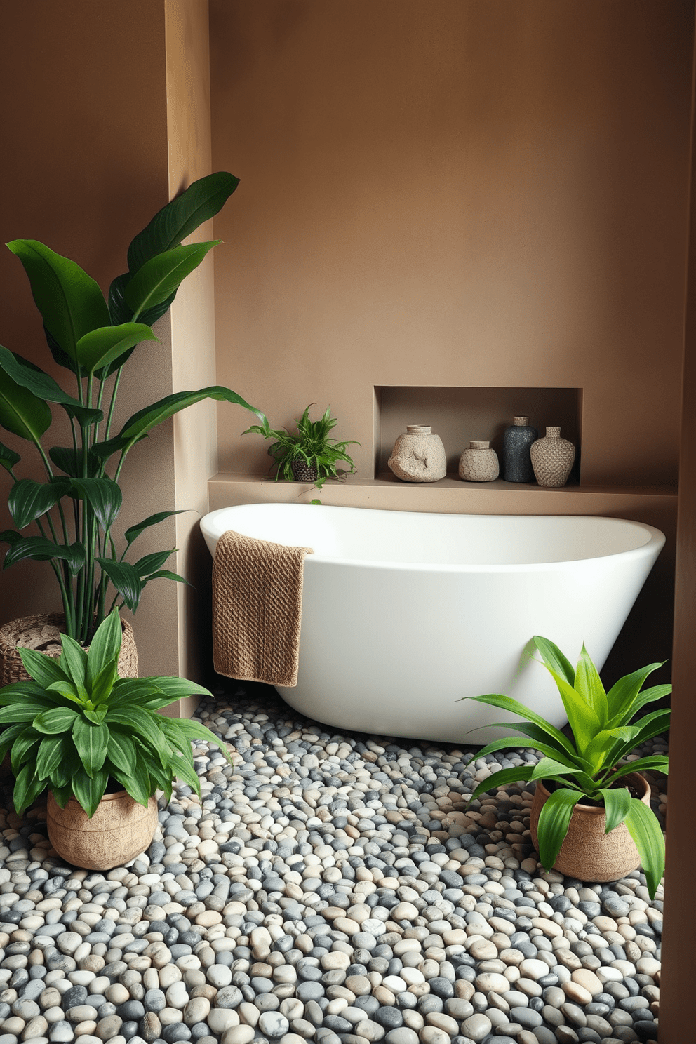 A serene bathroom setting that embraces nature-inspired decor. Lush green plants are strategically placed around the space, complemented by smooth stones integrated into the design. The walls are adorned with earthy tones, creating a calming atmosphere. A freestanding bathtub sits in the corner, surrounded by a pebble mosaic floor that enhances the natural feel.