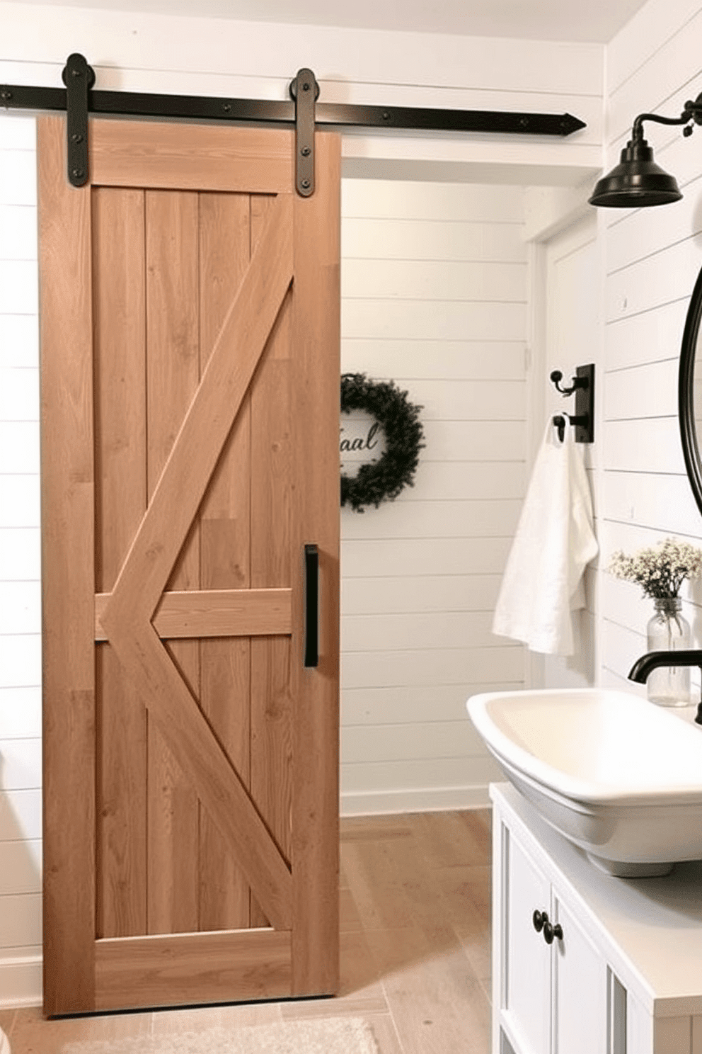 A sliding barn door adds rustic charm to any bathroom setting. This design features a weathered wood finish that complements a neutral color palette. The door slides effortlessly along a metal track, providing both style and functionality. Surrounding the door, soft lighting highlights the natural textures of the wood and enhances the overall ambiance.