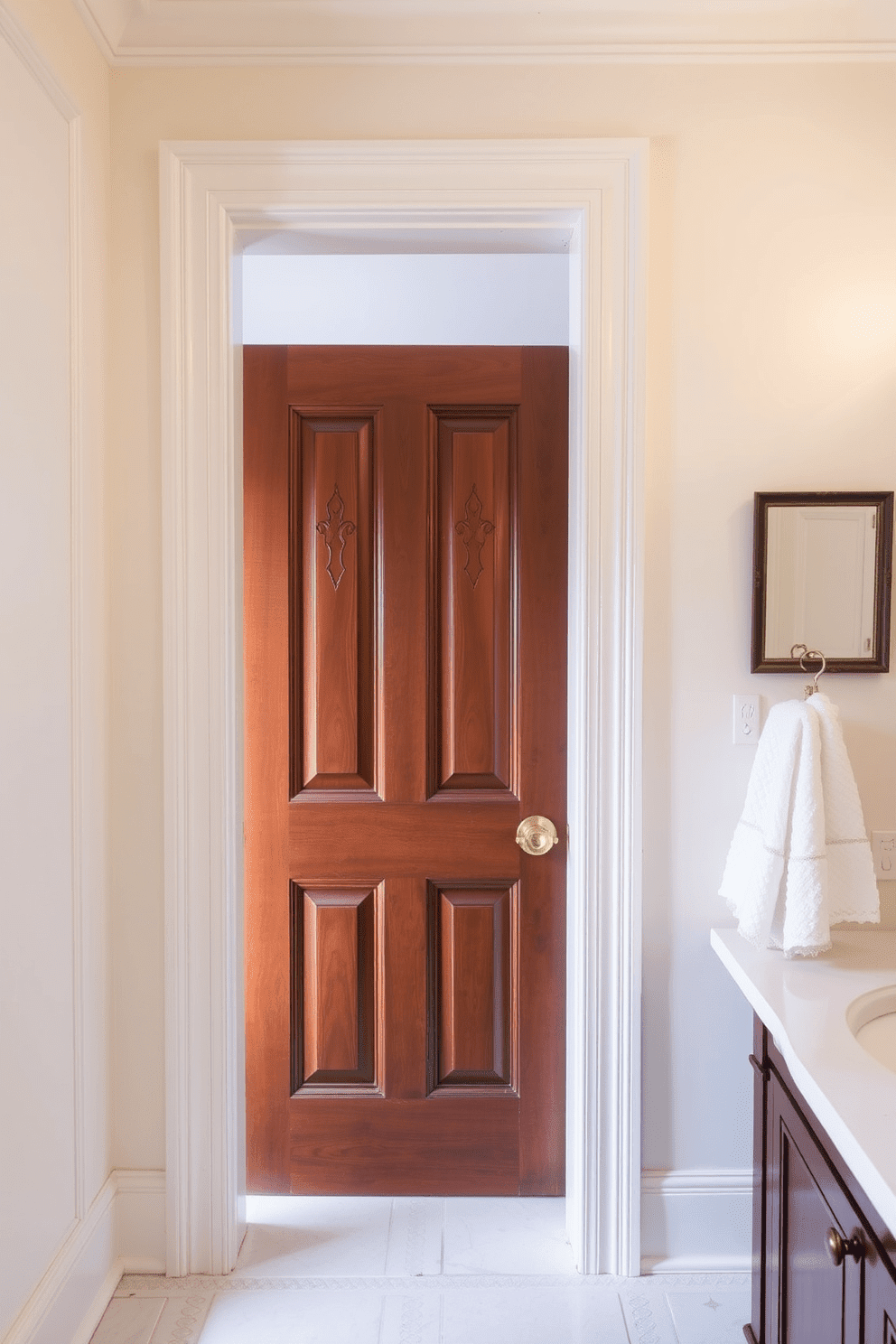 A classic white panel door stands elegantly in a softly lit hallway, exuding timeless appeal. The door features intricate paneling that adds depth and character, complementing the surrounding decor. Adjacent to the door, a beautifully designed bathroom showcases a blend of modern and traditional elements. The space is adorned with elegant fixtures and soothing color palettes that enhance the overall aesthetic of the room.