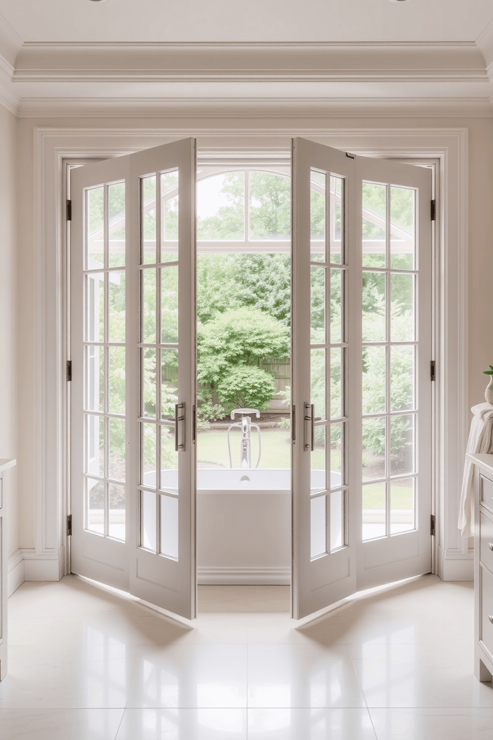 A bold colored door stands out against a neutral backdrop, creating a striking focal point in the bathroom. The door features a sleek modern design, complemented by vibrant hues such as deep blue or bright yellow, adding a lively touch to the space. The surrounding walls are painted in soft, calming tones to enhance the door's vividness. Stylish hardware, like a matte black handle, contrasts beautifully with the colorful door, contributing to an overall sophisticated aesthetic.