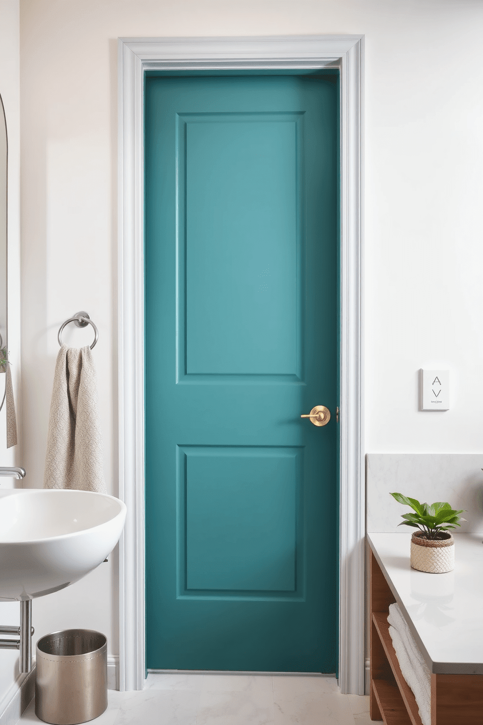 A chevron patterned door adds a modern twist to any bathroom space. The door features a sleek finish with contrasting colors that enhance the contemporary aesthetic of the room. This design element not only serves as a functional entryway but also as a striking focal point. The geometric pattern creates visual interest while maintaining a clean and polished look.