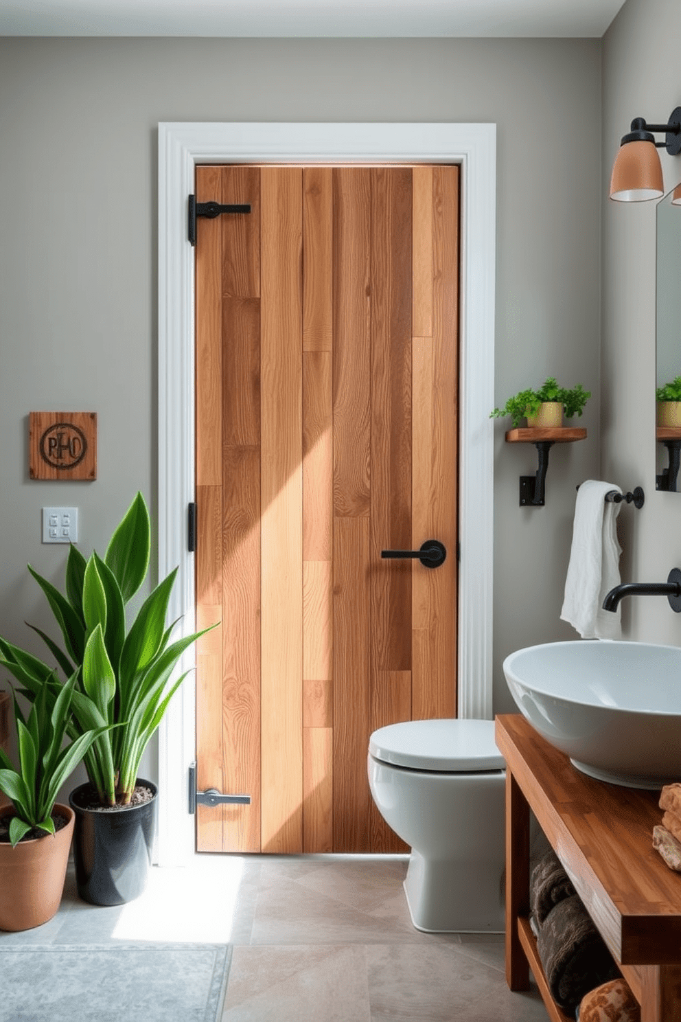 A vintage door with intricate carvings stands as a stunning focal point in the bathroom. The door features ornate details and a rich, weathered finish that adds character to the space. Surrounding the door, soft lighting highlights its craftsmanship, creating an inviting atmosphere. The overall design integrates classic elements with modern fixtures to enhance the vintage appeal.