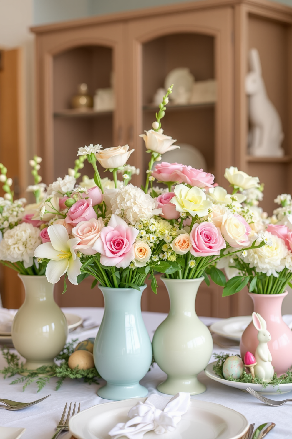 Floral arrangements in pastel vases create a soft and inviting atmosphere. The delicate colors of the flowers complement the gentle hues of the vases, enhancing the overall aesthetic. For Easter decorating ideas, consider incorporating seasonal elements like eggs and bunnies into your floral displays. Arrange the pastel vases on a beautifully set table, surrounded by cheerful decorations to celebrate the holiday.