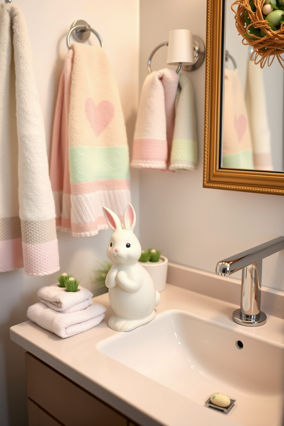 A charming bathroom scene featuring a bunny-shaped soap dispenser placed next to a sleek sink. The surrounding decor includes pastel-colored towels and Easter-themed accents that create a festive atmosphere.