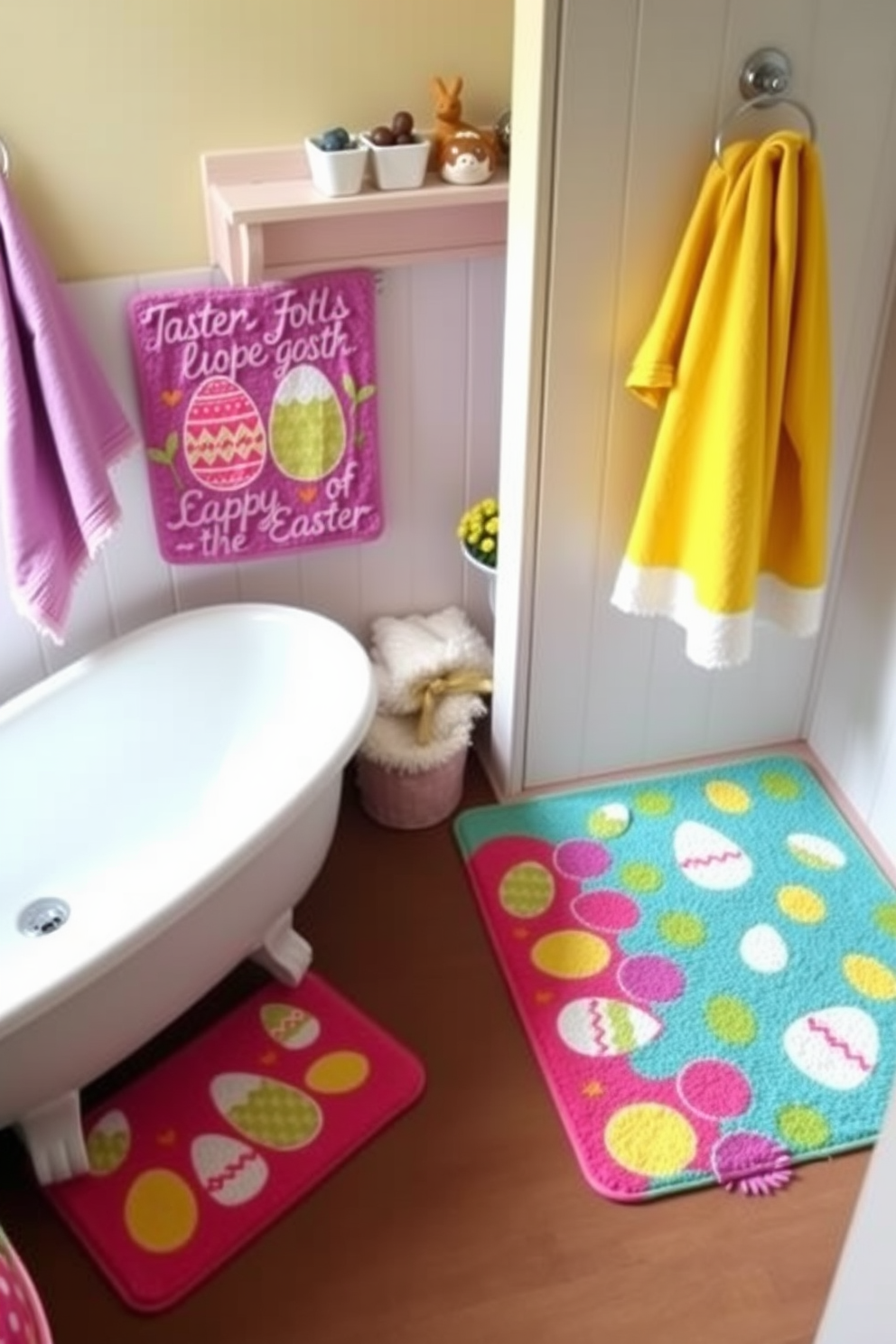 A vibrant bathroom setting featuring colorful bath mats adorned with playful egg patterns. The mats are complemented by pastel-colored towels and cheerful decor elements that evoke a festive Easter atmosphere.