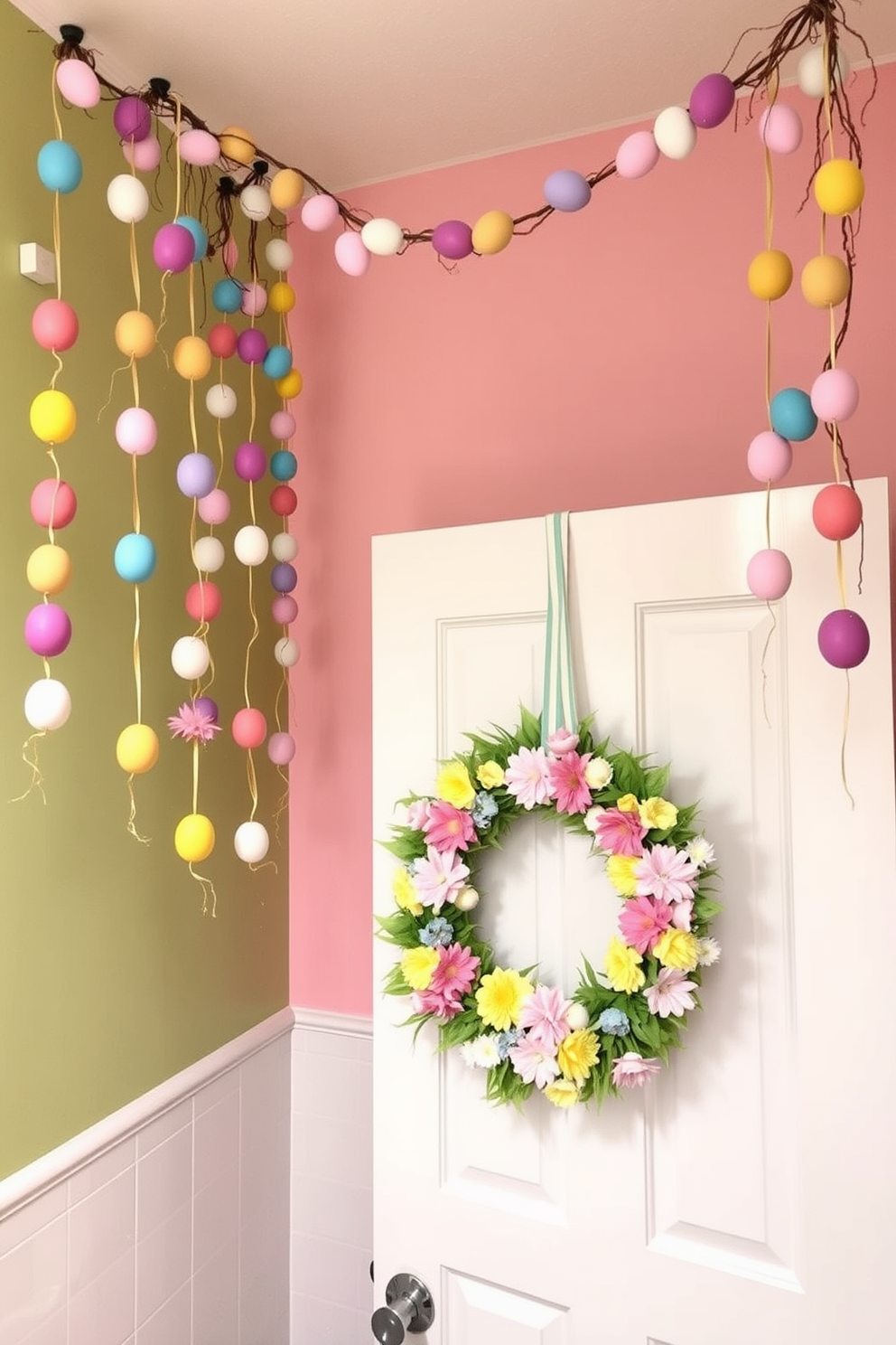 A festive bathroom setting adorned with hanging garlands of colorful Easter eggs. The walls are decorated with pastel hues, and a cheerful wreath made of faux flowers and eggs is placed on the door.