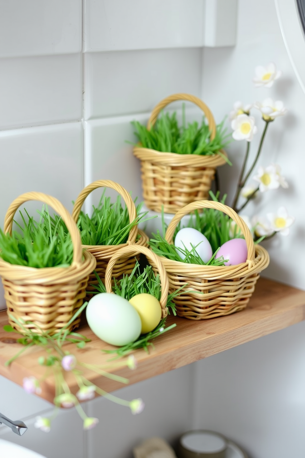 A charming bathroom scene featuring miniature baskets filled with faux grass. The baskets are arranged on a wooden shelf, complemented by pastel-colored Easter eggs and delicate floral accents.