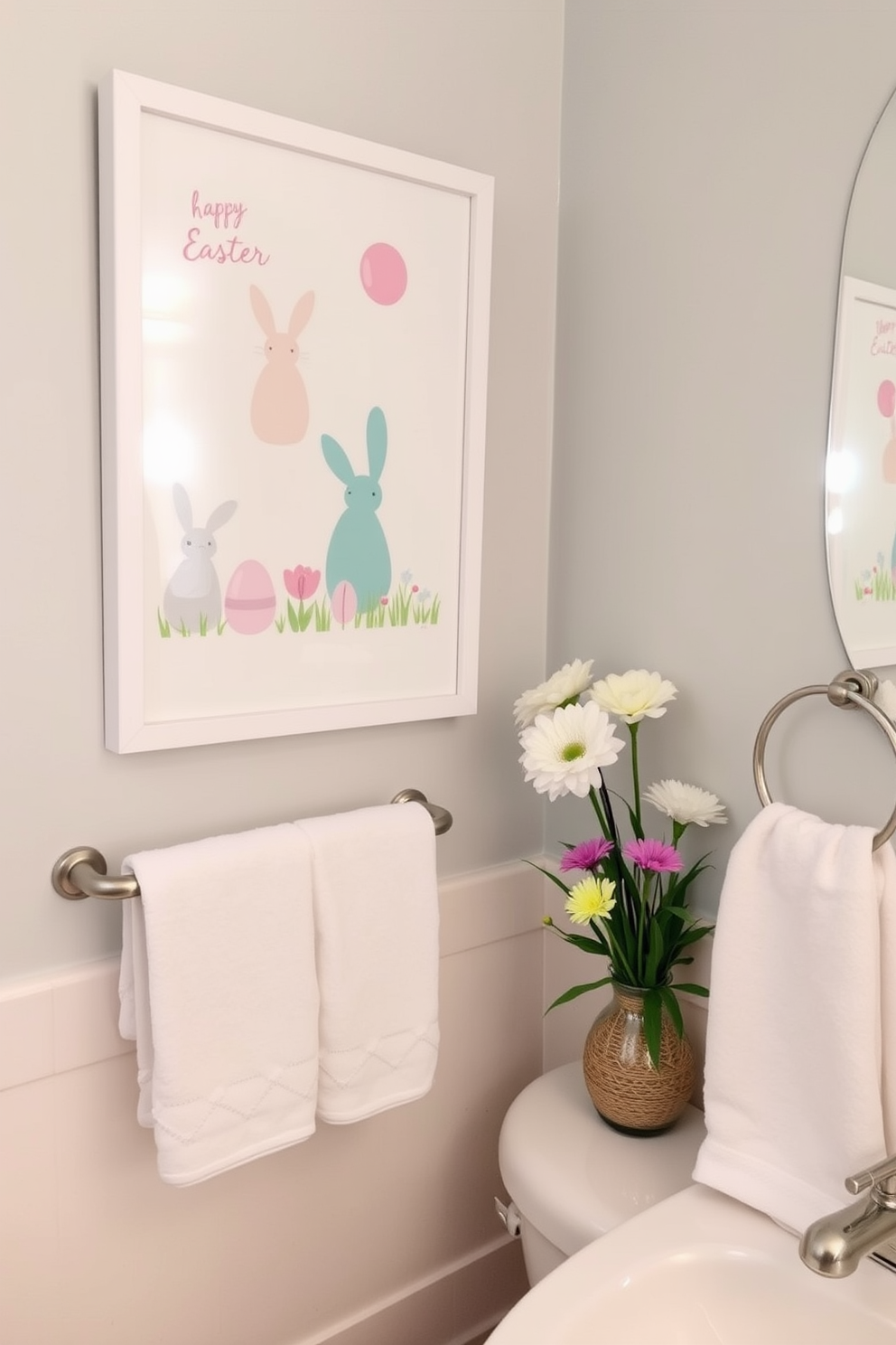 Easter-themed wall art prints featuring pastel colors and whimsical designs. The prints include bunnies, eggs, and spring flowers, creating a cheerful and festive atmosphere. Bathroom Easter decorating ideas include soft pastel towels and a decorative basket filled with faux eggs. A small vase with fresh spring flowers adds a touch of elegance to the space.