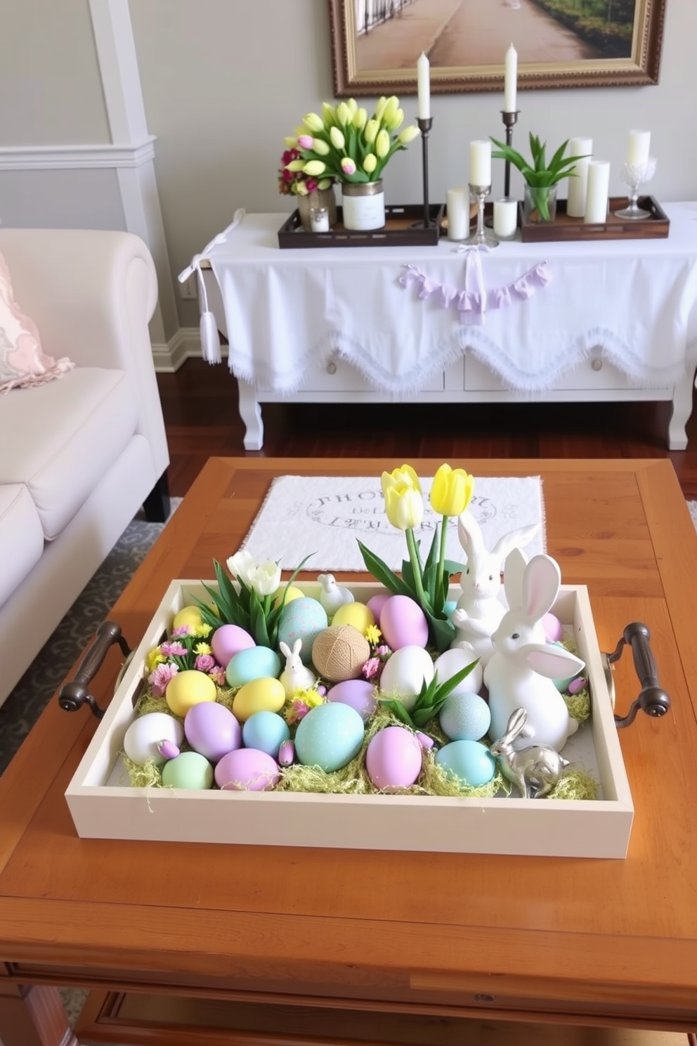 Decorative trays are arranged on a wooden coffee table, featuring an assortment of pastel-colored eggs, spring flowers, and small bunnies. The tray's vibrant colors complement the soft, light-colored fabric of the surrounding furniture, creating a cheerful Easter ambiance. A larger decorative tray sits on a sideboard, adorned with a white tablecloth, fresh tulips, and a few scented candles. The combination of textures and seasonal accents brings a festive touch to the room, inviting warmth and celebration.