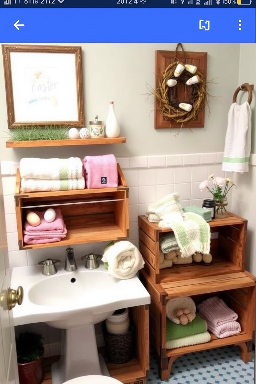 A cozy bathroom decorated for Easter with vintage wooden crates used as stylish storage solutions. The crates are filled with colorful towels and decorative items, adding a charming touch to the space.