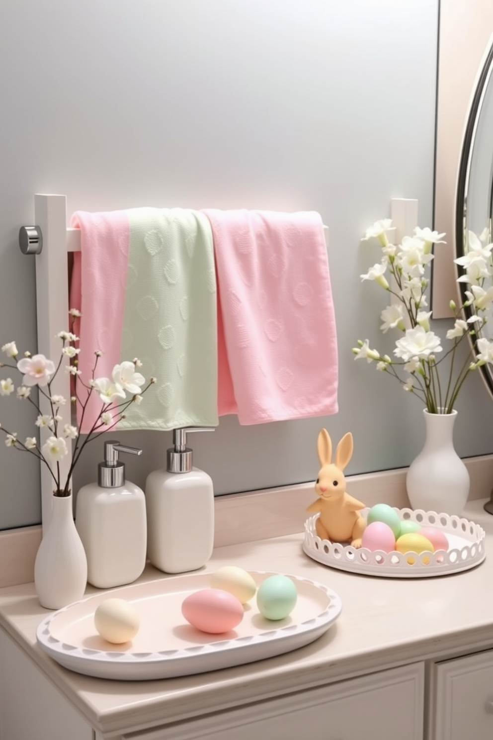 A serene bathroom setting featuring pastel-colored bath accessories. The scene includes soft pink and mint green towels neatly arranged on a white wooden rack, complemented by matching soap dispensers and decorative trays. Easter-themed decorations add a festive touch with delicate floral arrangements in pastel hues. A charming bunny figurine and colorful eggs are strategically placed on the countertop, enhancing the cheerful ambiance.