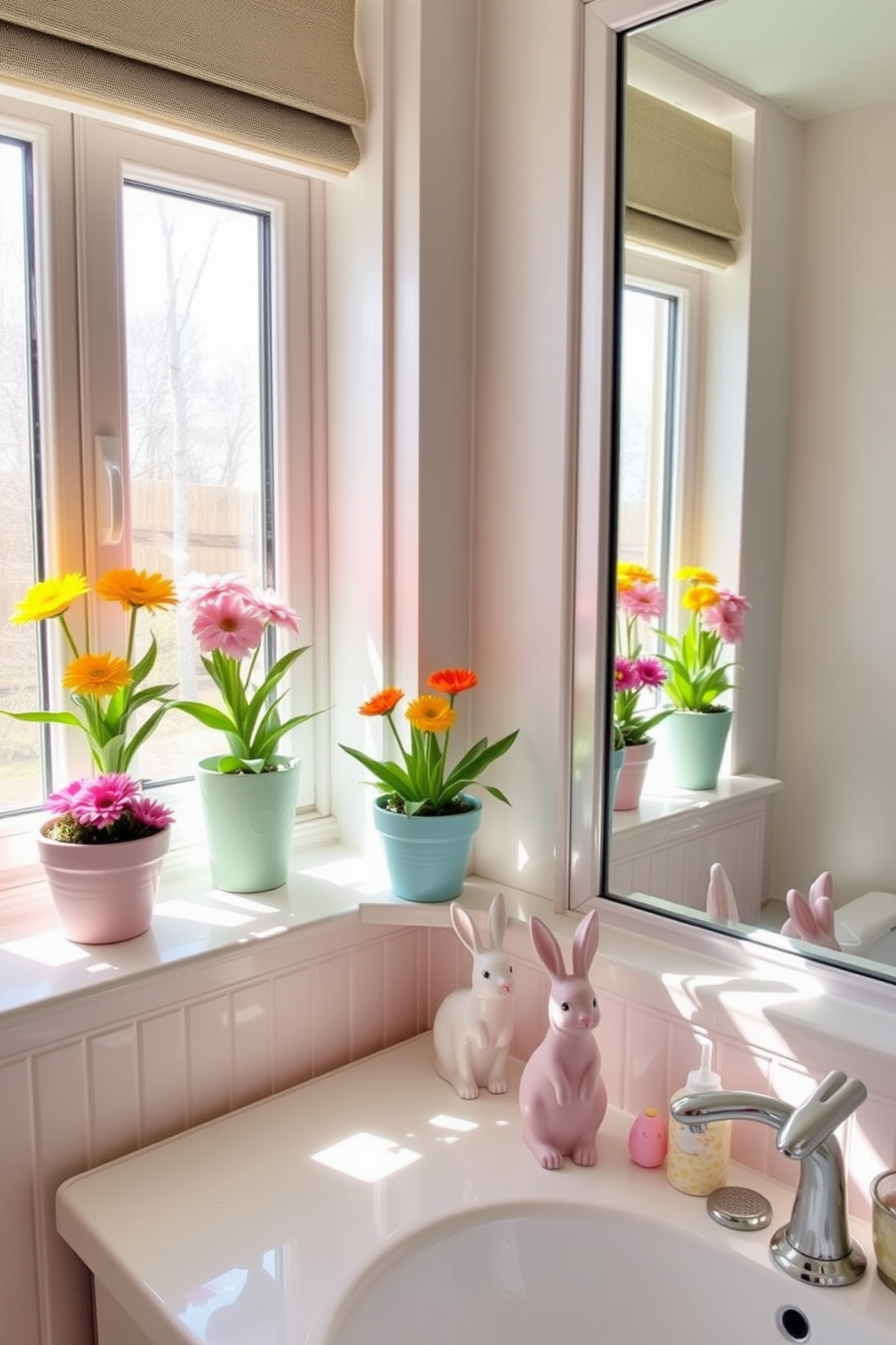 Small potted flowers in vibrant colors are placed on the windowsills, adding a touch of freshness and life to the bathroom space. The arrangement includes cheerful blooms such as daisies and tulips, perfectly complementing the natural light streaming in. For Easter decorating ideas, pastel-colored accents are incorporated throughout the bathroom. Decorative eggs and bunny figurines are tastefully arranged on the countertop, creating a festive and inviting atmosphere.