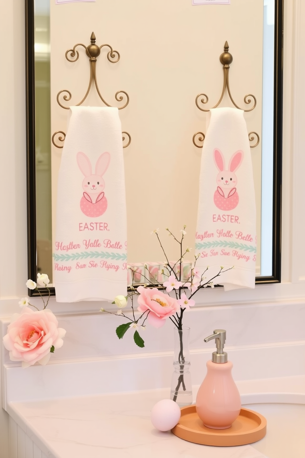 Easter-themed hand towels are elegantly displayed on decorative racks in a bright and cheerful bathroom. The towels feature pastel colors and playful bunny motifs, adding a festive touch to the space. Delicate floral arrangements in soft hues complement the Easter decor, placed strategically on the countertop. Subtle accents like egg-shaped soap dispensers enhance the overall theme, creating a warm and inviting atmosphere.