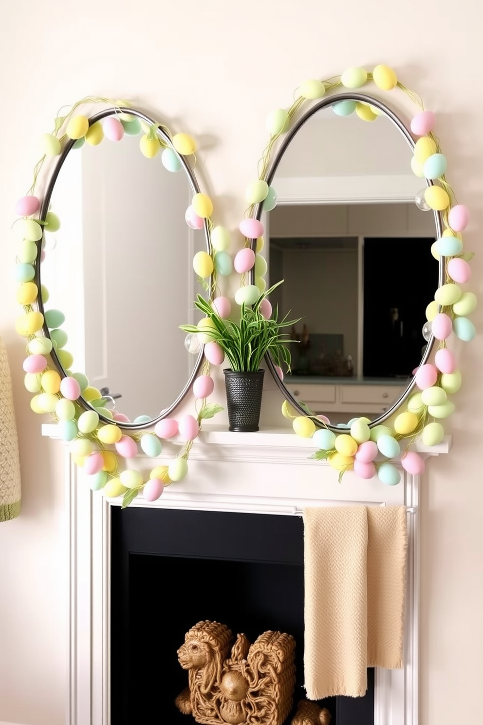 A whimsical egg garland drapes elegantly around the mirrors, adding a playful touch to the space. The colorful eggs in pastel shades create a festive atmosphere, perfect for Easter celebrations.