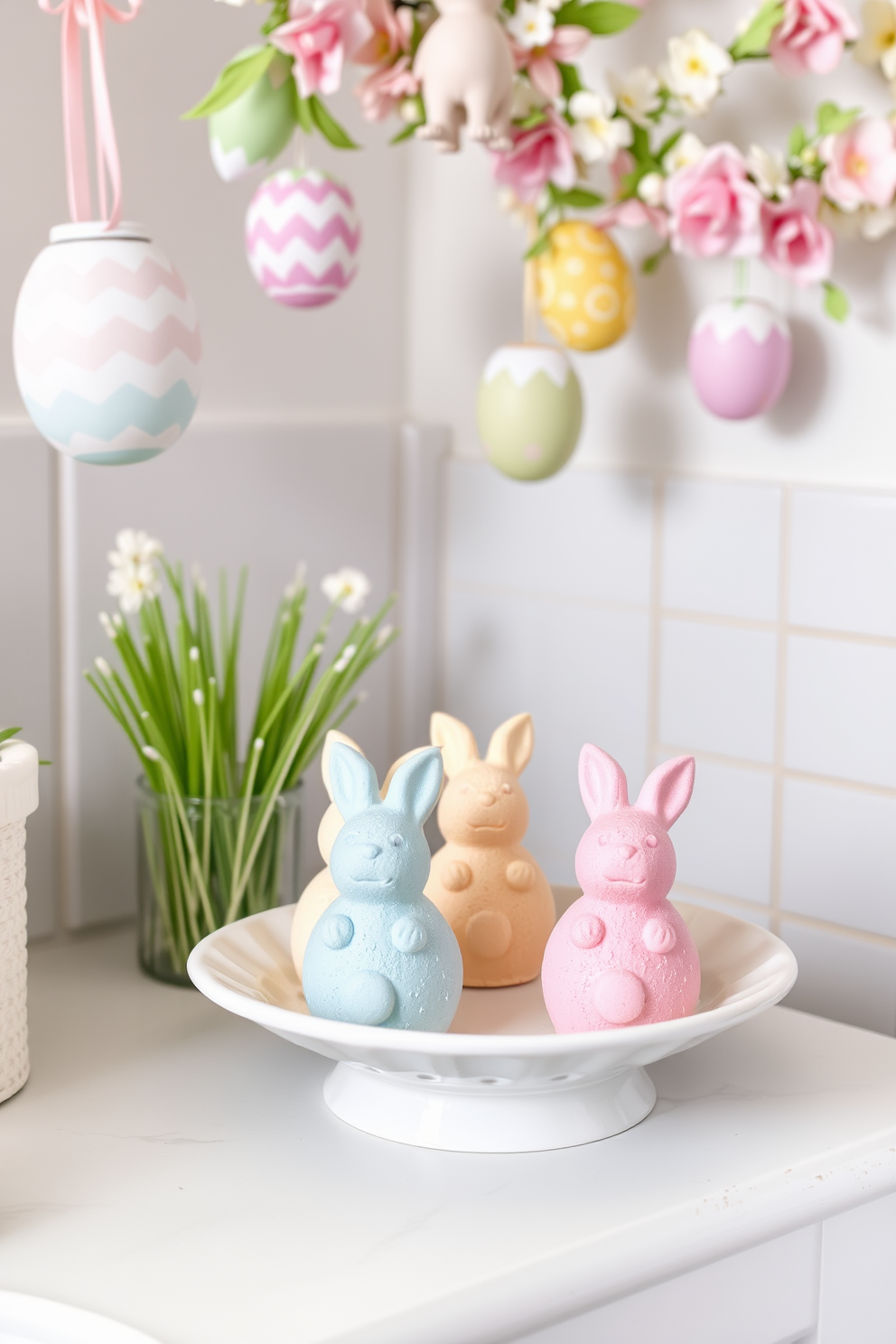 A charming bathroom scene featuring bunny-shaped bath bombs artfully arranged on a white ceramic tray. The background is adorned with pastel-colored decorations, including hanging paper eggs and floral garlands, creating a festive Easter atmosphere.