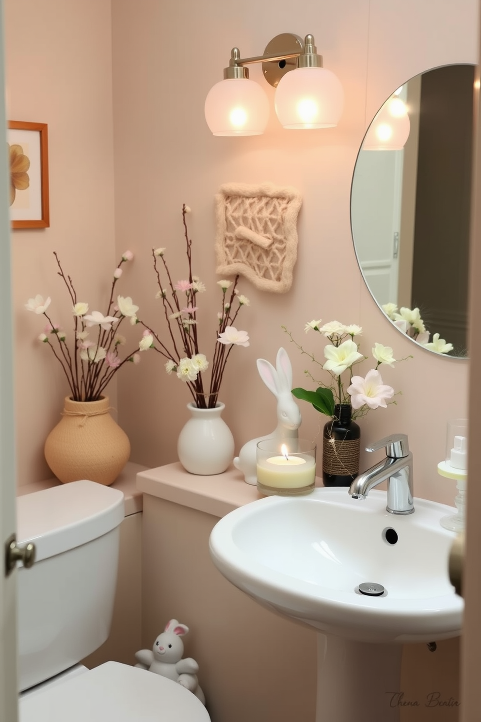 A serene bathroom atmosphere filled with the refreshing aroma of seasonal scents from essential oil diffusers. The space is adorned with pastel decorations and soft floral accents that celebrate the spirit of Easter.