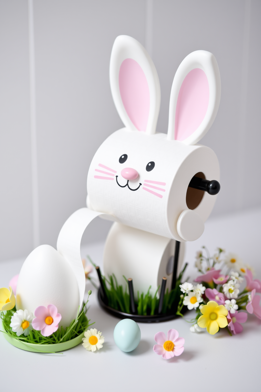 A whimsical Easter-themed toilet paper holder designed as a cute bunny with floppy ears and a pastel-colored finish. Surrounding the holder, decorative elements include pastel-colored eggs and small floral arrangements to enhance the festive atmosphere.