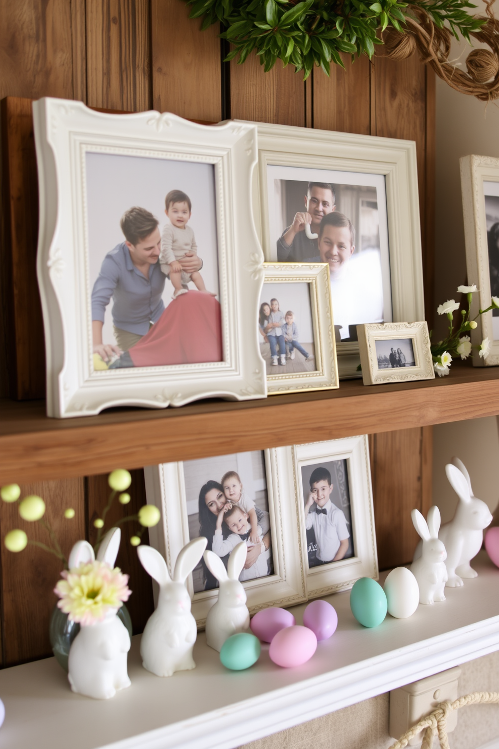 Charming picture frames display treasured family photos arranged on a rustic wooden shelf. The frames vary in size and style, creating a warm and inviting atmosphere that showcases cherished memories. Easter decorations bring a festive touch to the home with pastel-colored eggs and floral arrangements. Delicate bunnies and spring-themed accents adorn the space, creating a cheerful and seasonal ambiance.