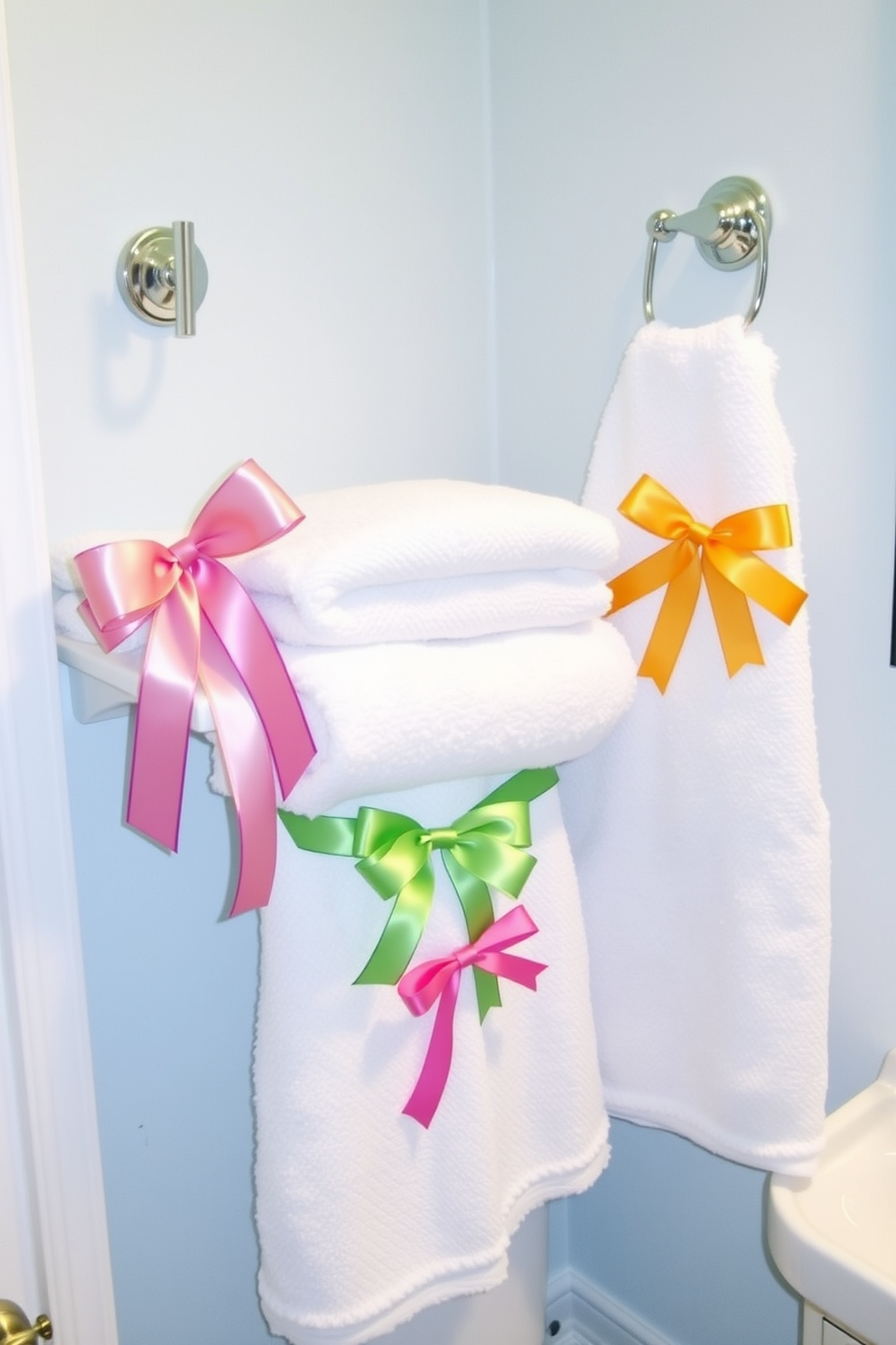 A bright and cheerful bathroom setting adorned with colorful ribbon accents on towel holders. The space features pastel-colored towels neatly arranged, each embellished with vibrant ribbons that add a festive touch for Easter.