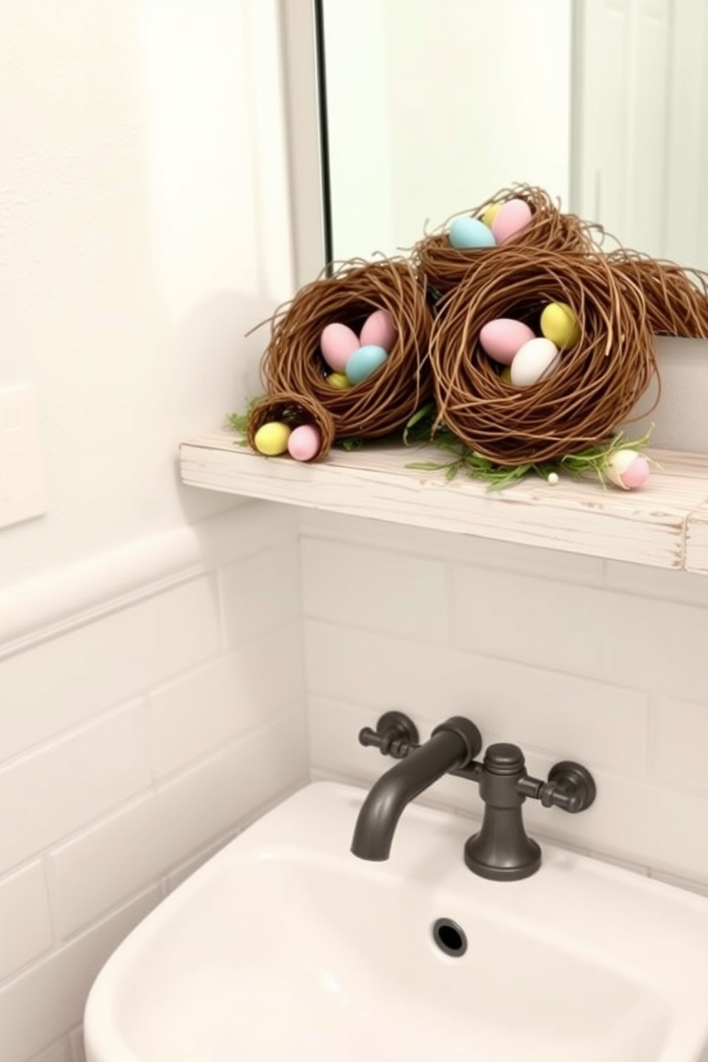 A charming bathroom scene for Easter featuring decorative bird nests filled with pastel-colored eggs. The nests are artistically arranged on a whitewashed wooden shelf above a sleek, modern sink.