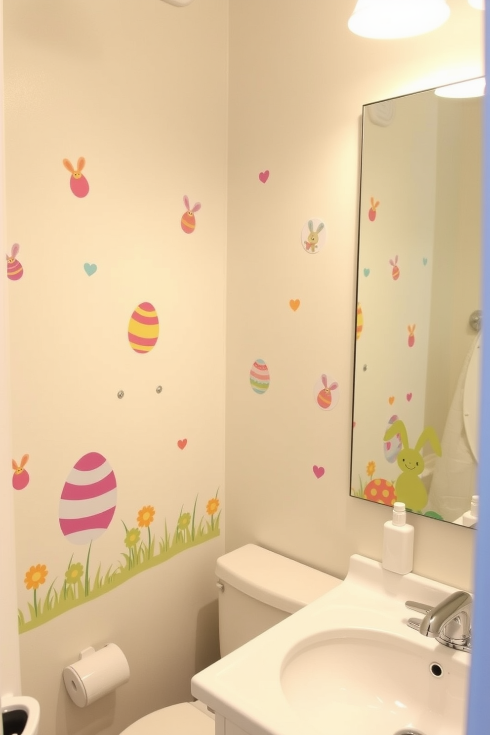 A cheerful bathroom decorated with Easter-themed wall decals featuring colorful eggs and bunnies. The walls are adorned with playful stickers that add a festive touch, creating a fun and inviting atmosphere for the holiday season.