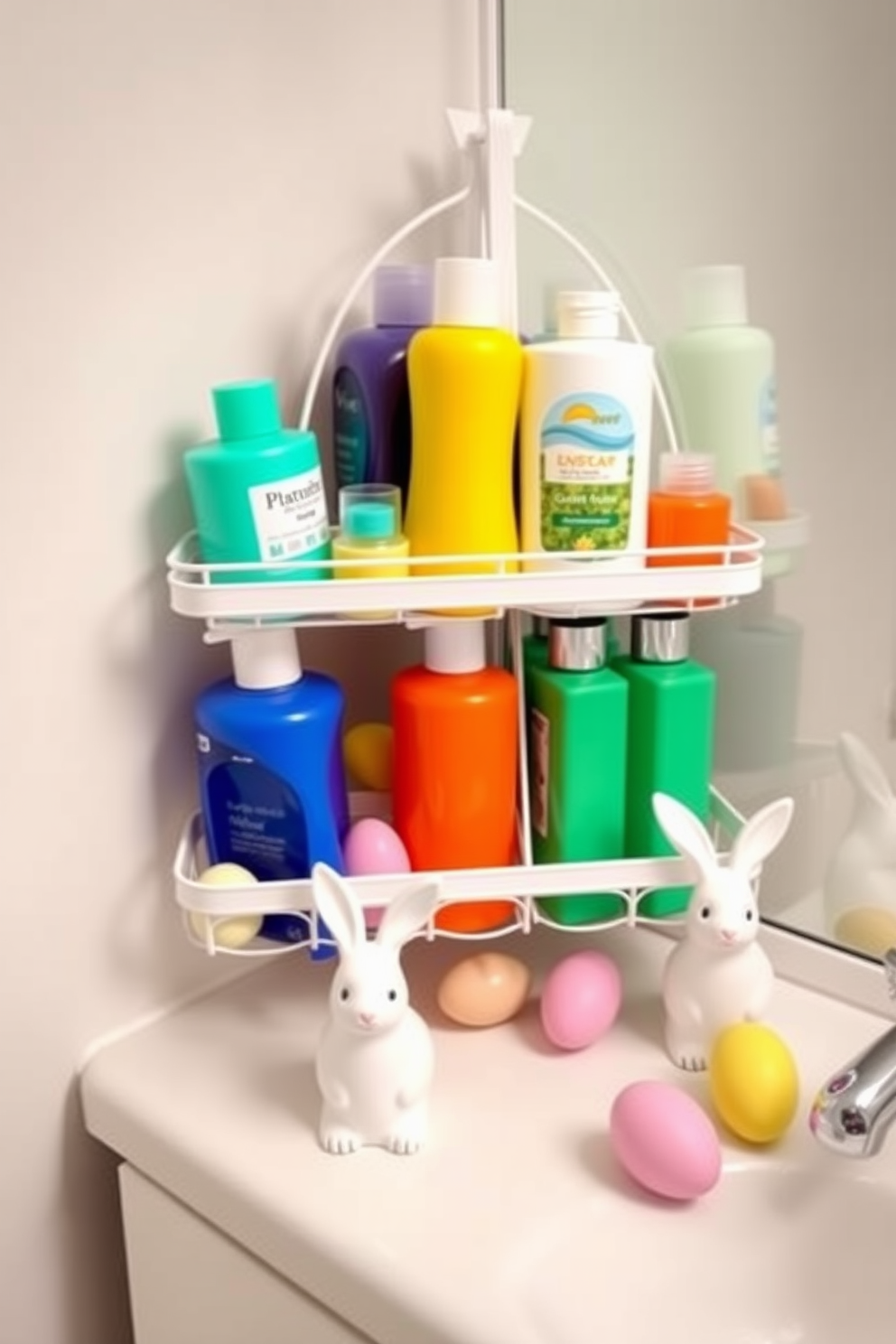 Brightly colored shower caddy organization. The caddy is filled with an array of vibrant bottles and containers for shampoo, conditioner, and body wash, creating a cheerful and inviting atmosphere. Bathroom Easter Decorating Ideas. Delicate pastel decorations are placed around the bathroom, including bunny figurines and colorful eggs, enhancing the festive spring ambiance.