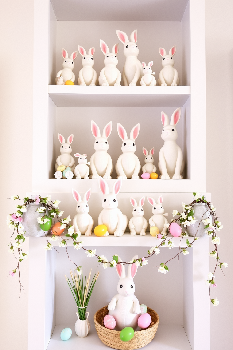 A collection of decorative bunny figurines is artfully arranged on a set of open shelves. The bunnies vary in size and color, adding a playful touch to the room's decor while complementing the pastel Easter theme. Surrounding the figurines, soft spring accents like floral garlands and colorful eggs enhance the festive atmosphere. The shelves are styled against a light backdrop, ensuring the bunnies stand out as charming focal points in the space.