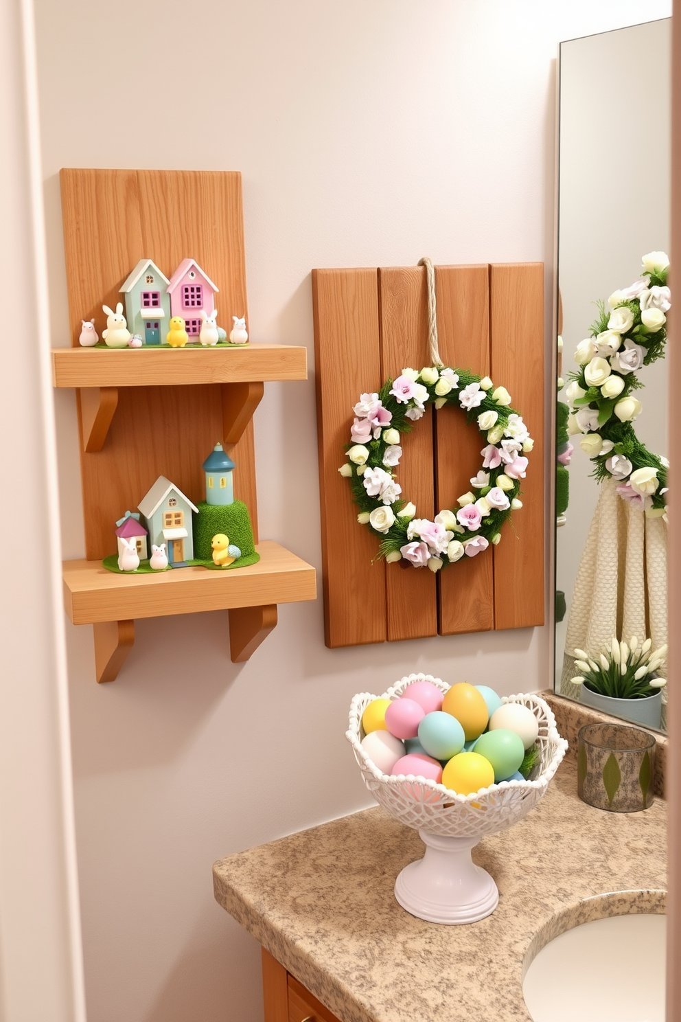 A charming miniature Easter village is displayed on wooden shelves, featuring colorful houses and tiny figurines of bunnies and chicks. Soft pastel colors dominate the scene, creating a whimsical atmosphere that invites joy and celebration. In the bathroom, festive Easter decorations adorn the space, including a delicate wreath made of faux flowers on the door. A playful arrangement of Easter eggs in a decorative bowl sits on the countertop, adding a touch of seasonal cheer.