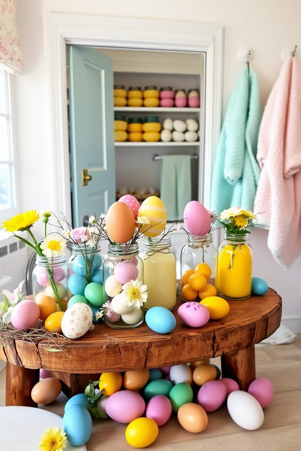 Colorful eggs are displayed in an array of glass jars, each jar showcasing a different hue and pattern. The jars are arranged on a rustic wooden table, surrounded by fresh spring flowers and soft pastel decorations. The bathroom features a cheerful Easter theme, with colorful eggs artfully placed around the sink area. Soft, fluffy towels in coordinating colors hang neatly, enhancing the festive atmosphere.