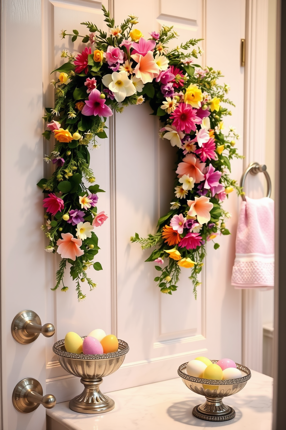 A beautiful spring wreath adorns the bathroom door, crafted from fresh greenery and colorful blooms that capture the essence of the season. The vibrant colors of the flowers provide a cheerful contrast against the neutral door, inviting a sense of warmth and renewal. Incorporate Easter-themed decorations throughout the bathroom, featuring pastel-colored towels and decorative eggs placed in elegant bowls. Soft lighting enhances the festive atmosphere, creating a welcoming and joyful space for guests.