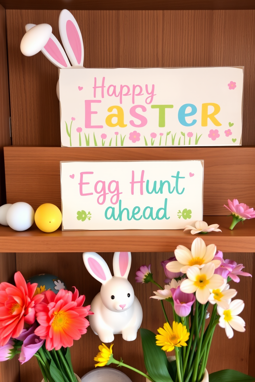 Cute signage with Easter greetings. The signs are adorned with pastel colors and playful fonts, featuring cheerful messages like Happy Easter and Egg Hunt Ahead. The signage is placed on a wooden shelf alongside decorative eggs and small bunnies. Fresh flowers in spring colors are arranged nearby to enhance the festive atmosphere.