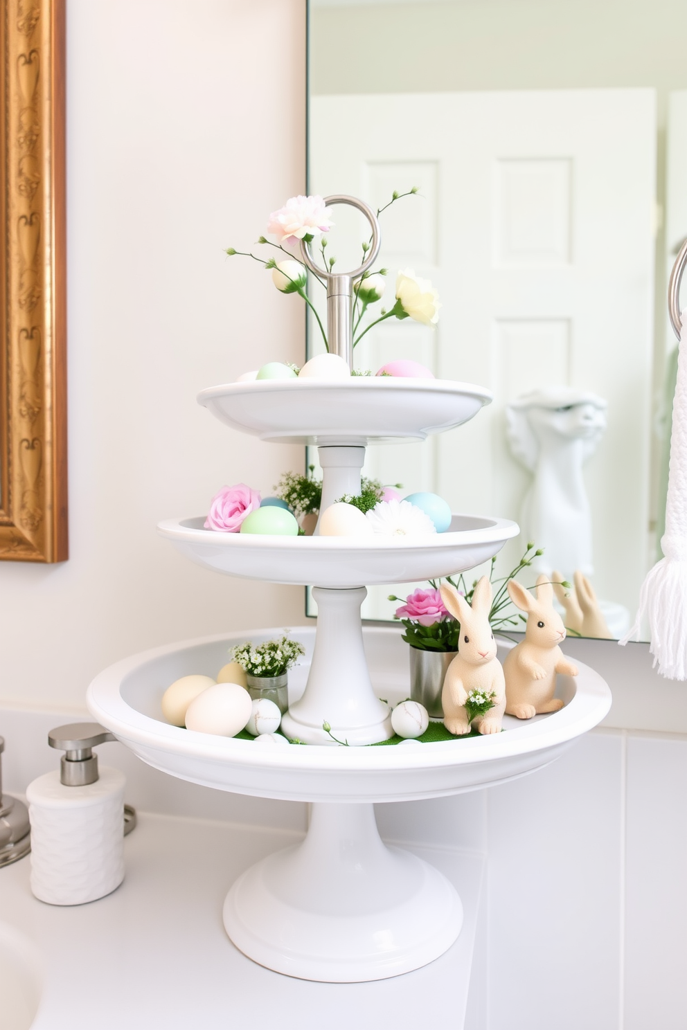 Create a charming bathroom setting for Easter with tiered trays elegantly displaying seasonal decor. Incorporate pastel-colored eggs, small floral arrangements, and decorative bunnies to enhance the festive atmosphere.