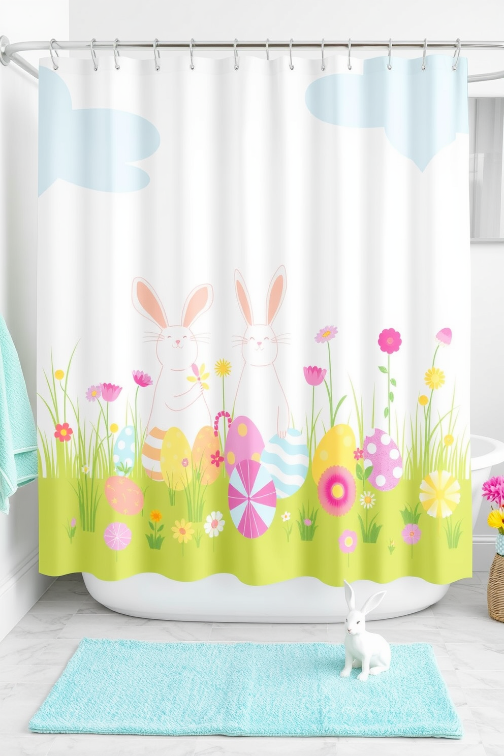 A vibrant Easter-themed shower curtain design featuring pastel colors and playful bunny illustrations. The curtain showcases decorated eggs and spring flowers, creating a cheerful atmosphere for the bathroom. Incorporate Easter decorating ideas with colorful towels and accessories that complement the shower curtain. Add small decorative bunnies and floral arrangements to enhance the festive ambiance.