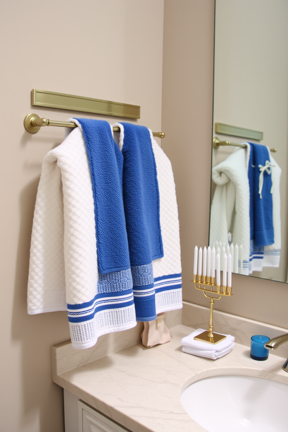 Elegant blue and white towels are neatly displayed on a polished wooden towel rack. The bathroom features subtle Hanukkah decorations, including a menorah on the countertop and festive blue accents throughout the space.