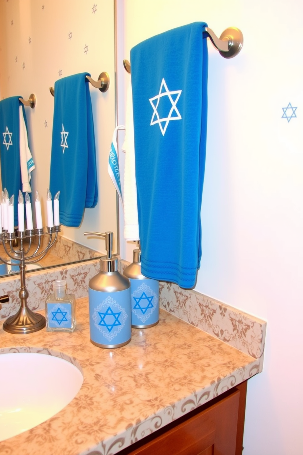 A festive bathroom setting for Hanukkah. The soap dispenser set features elegant blue and silver designs, complementing the holiday theme. Decorative elements include a menorah on the countertop and blue and white towels hanging from the rack. The walls are adorned with subtle star of David accents, creating a warm and inviting atmosphere.